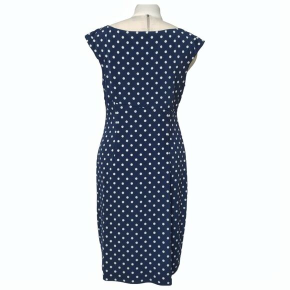 CONNECTED Petite Navy Polka Dot Dress Size 12 Cap Sleeves Stretch Knit Pleated - Picture 5 of 11